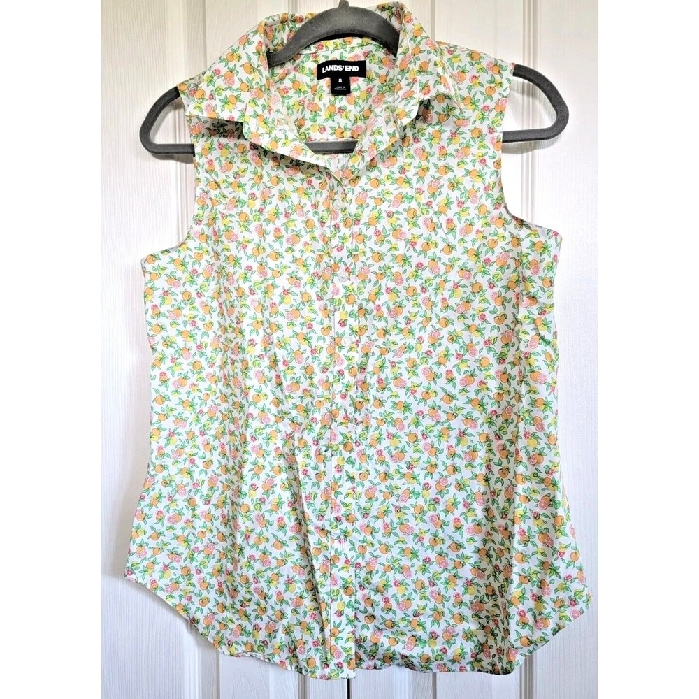 Land's End Size 8 Supima Cotton‎ Sleeveless Button Down Shirt Citrus Design NWOT